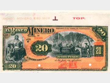 M135s – 20 Pesos El Banco Minero, Chihuahua, Chihuahua, 1899. Specimen. AU+.