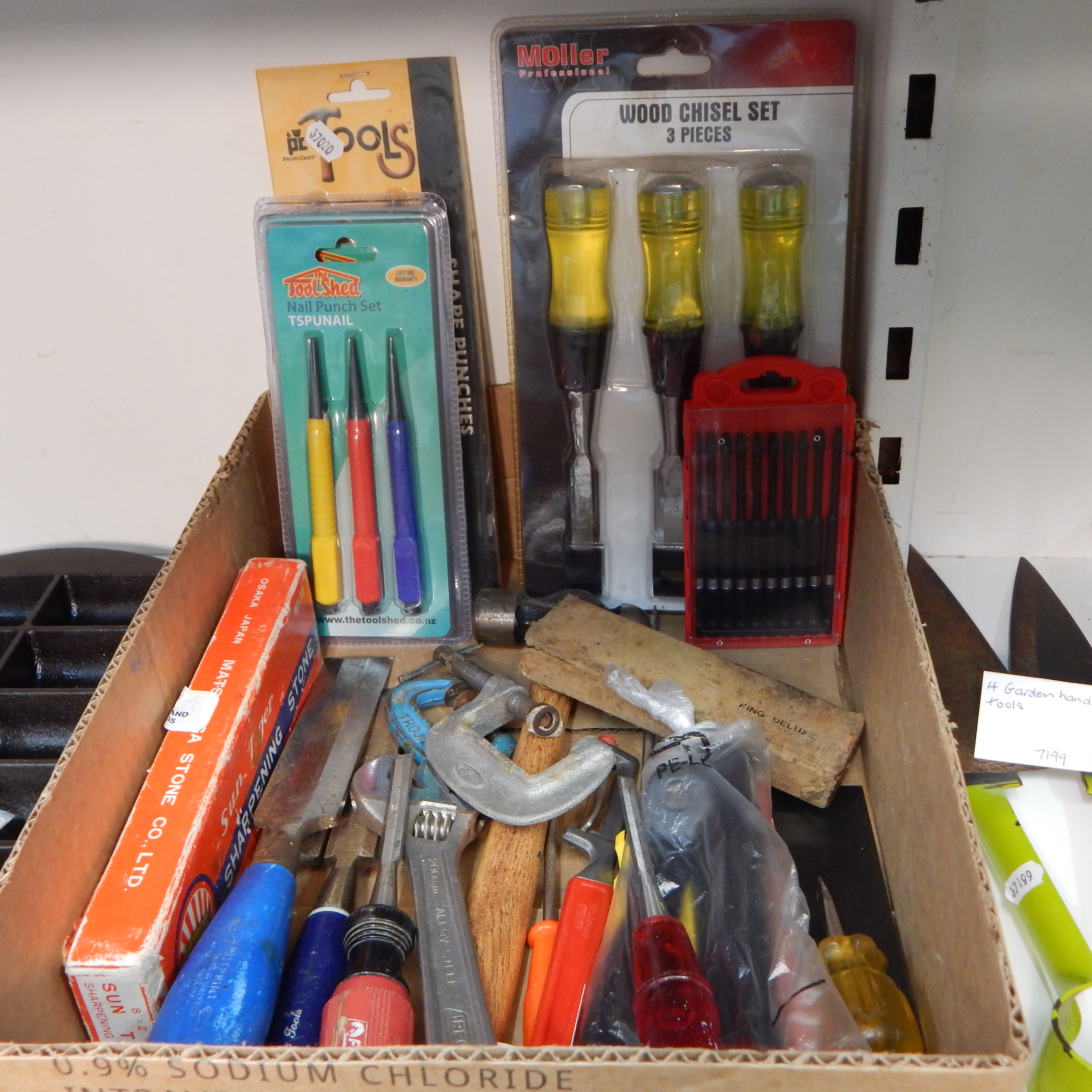 Box lot work shop items - new + used — sold at auction in New Zealand for $30