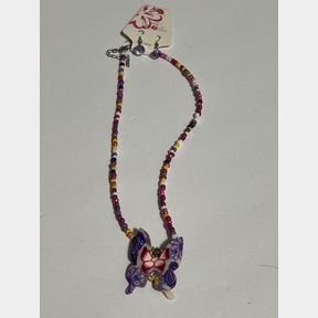 Purple and Pink Stained Glass Designed Butterfly Necklace Beaded with Earrings