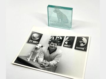 Eddie Germano's Vintage RCA Nipper Logo Paperweight w/ Vintage Hit Factory Photo