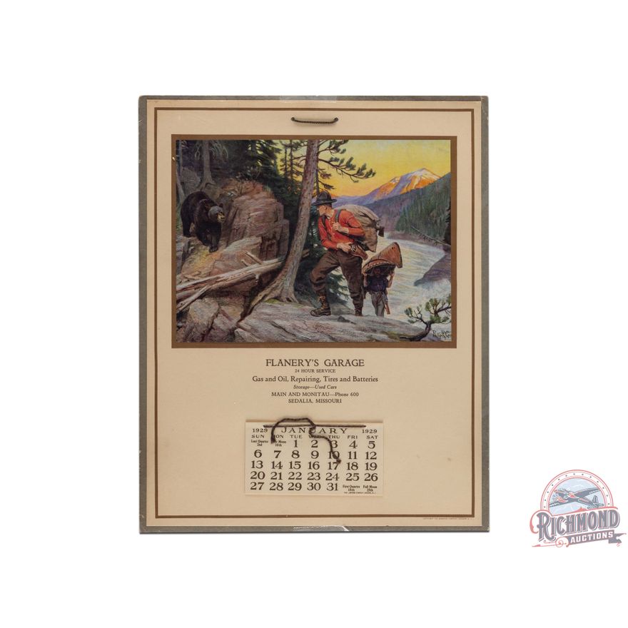 1929 Flanery's Garage Advertising Calendar w/ Bear Hunt Scene Philip R. Goodwin