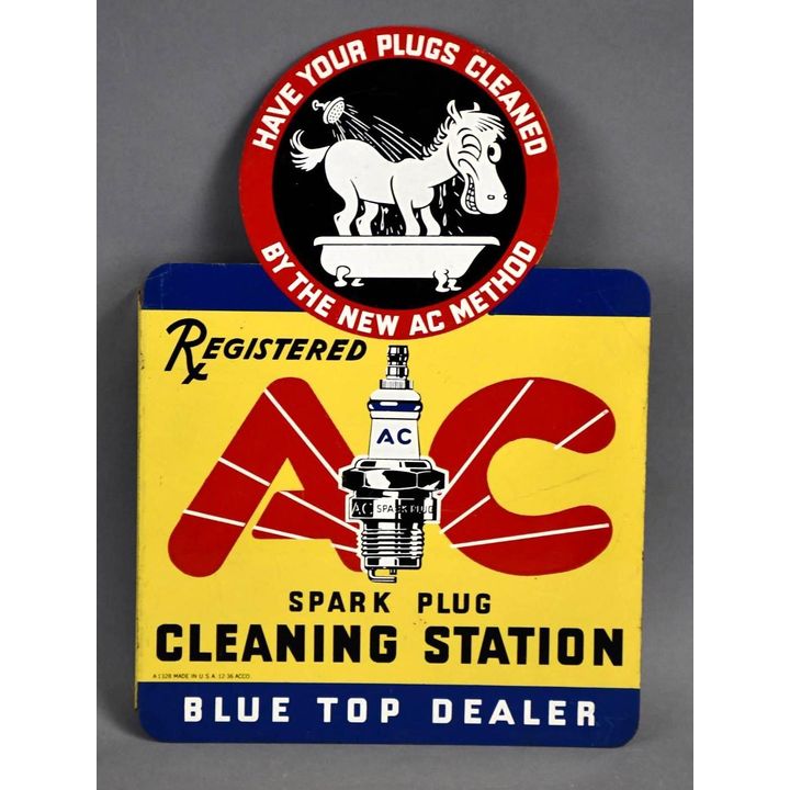 AC Spark Plug Cleaning Station Blue Top Dealer Metal Flange Sign