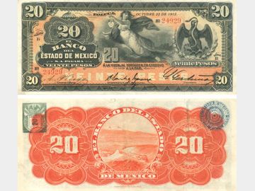 M398c – 20 Pesos El Banco del Estado de Mexico 1912. VF