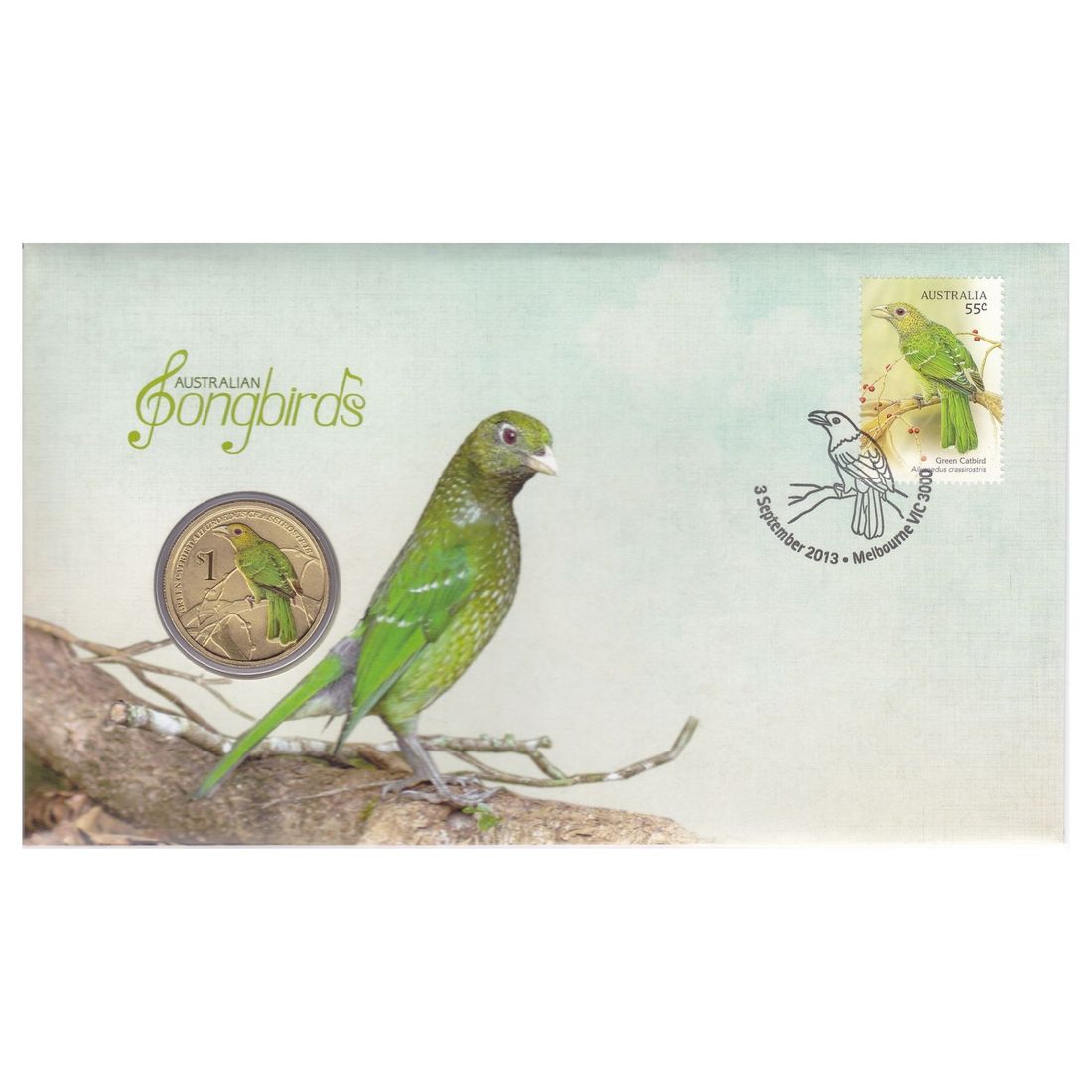 Tuvalu 2013 $1 (Coloured) Green Catbird Stamp and Coin Cover
