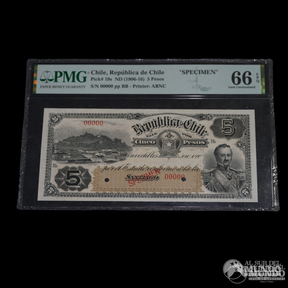 Chile, Republica. Especimen de 5 Pesos. 1906-1916. PMG 66.