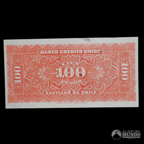 Chile. Banco de Credito Unido. Prueba de reverso de 100 pesos. S/F.