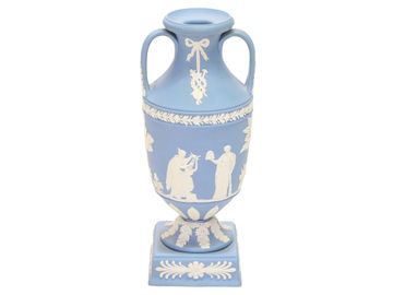 Vintage Wedgwood Blue Jasperware Cameo Neoclassical Double Handled Urn