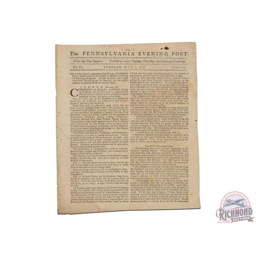 1776 Pennsylvania Evening Post Detailing The Treatment Of Col. Ethan Allen Ex Lattimer Collection