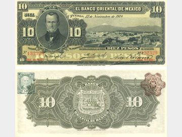 M461c – 10 Pesos El Banco Oriental de Mexico, Puebla 1910. AU/UNC