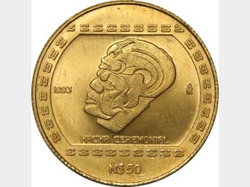 KM# 586 – N$50 Pesos 1993 Mo Hacha Ceremonial. AU+.