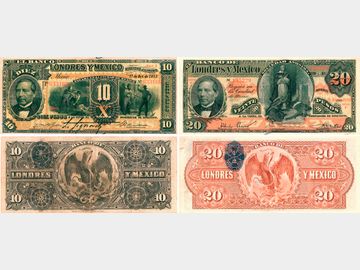 (2 piezas en lote) – 10 y 20 Pesos El Banco de Londres y México, México. (1)