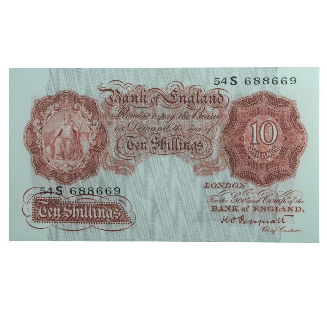 Great Britain 'Peppiatt' 10/- w No Security Thread (1934- 39), virtually Uncirculated OPQ