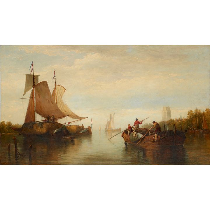 EDMUND THORNTON CRAWFORD R.S.A. (SCOTTISH 1806-1885) DUTCH HAYBOATS OFF DORDRECHT 56cm x 95cm (22in x 37.5in)