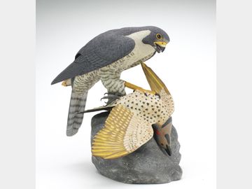 Decorative falcon with caught flicker, Bill Conroy, Orland, Maine.