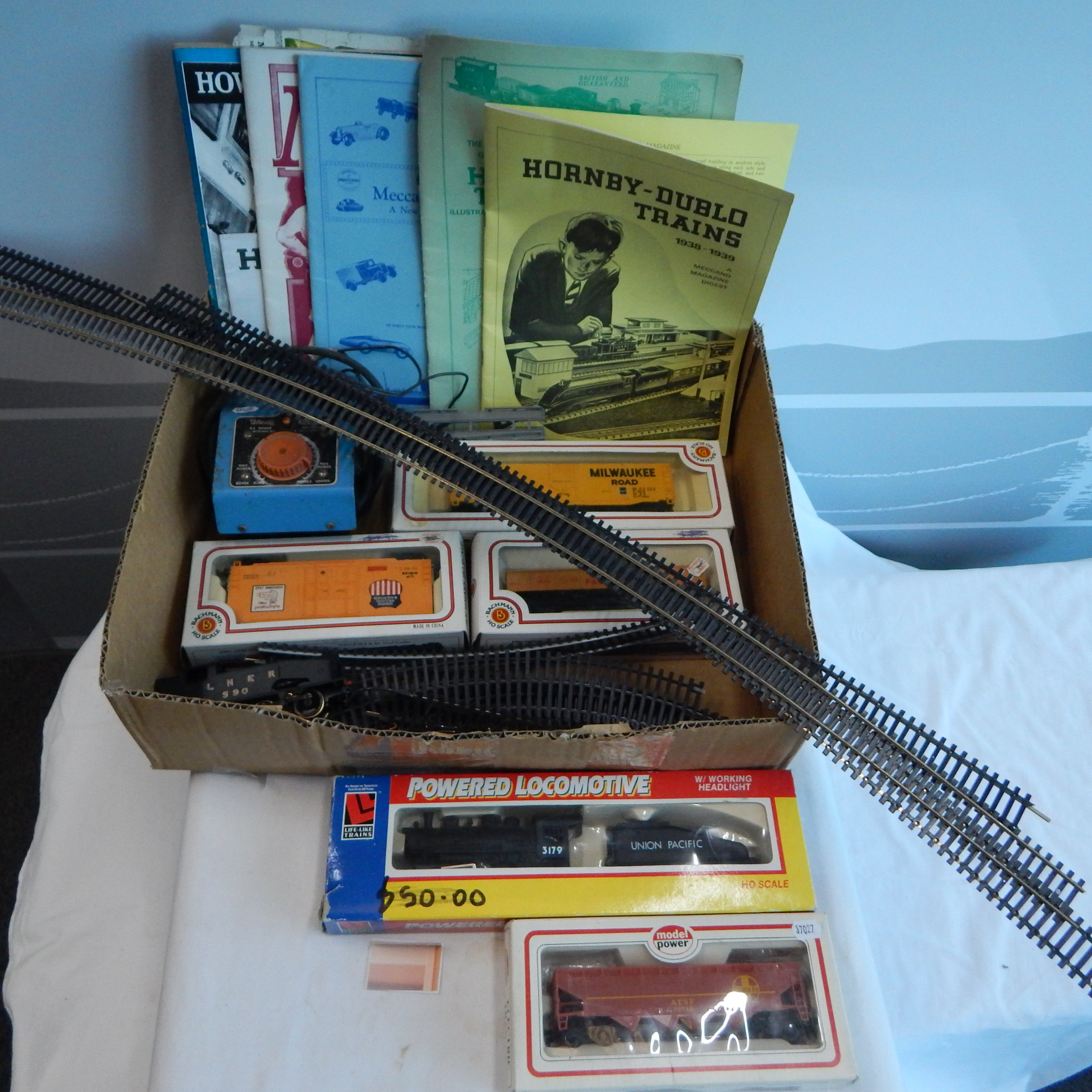 Box of Rail Goods Wagons + Tracks + Catalogues + Manuals — sold at auction in New Zealand for $30