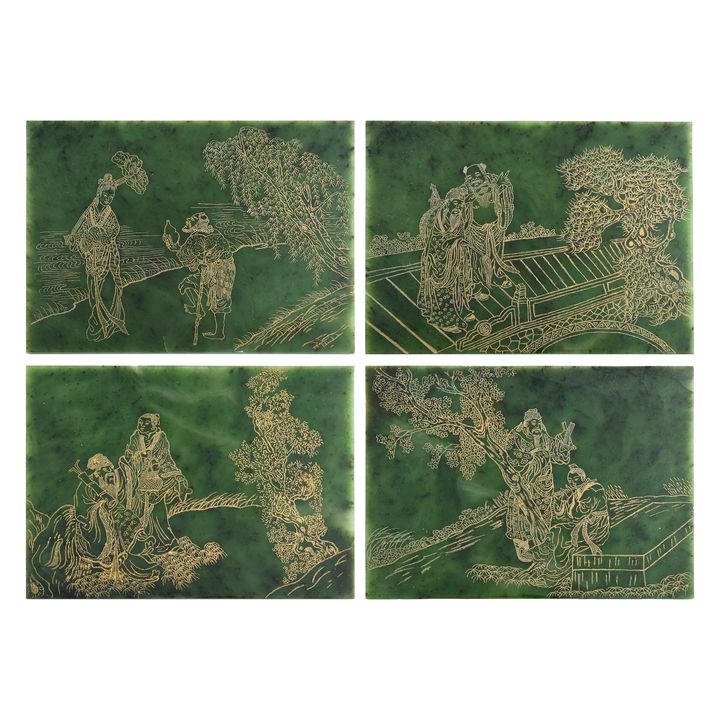 十九世紀晚 碧玉描金人物屏四塊一套 Four gilt-decorated spinach jade screens, late 19th century