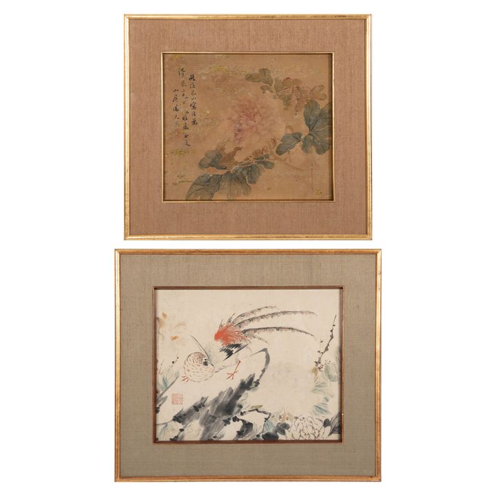 花卉·錦雞鏡框兩張 Two Chinese paintings of nature scenes, Unknown artists (Chinese)