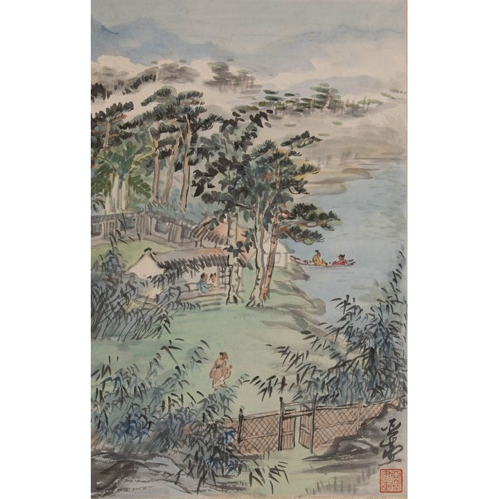 汪亞塵 絹本江村景色鏡片 Wang Yachen (Chinese), A painting of a river village