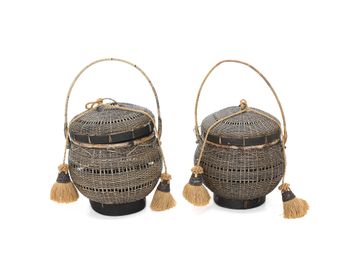 Vintage Black Woven Rattan Baskets, Pair