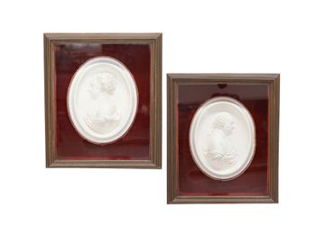 Vintage Oval Bisque Porcelain Framed Profile Portrait Plaques, Companion Pair