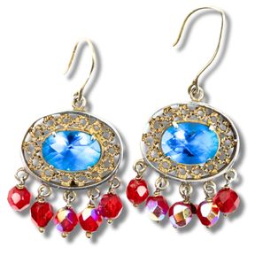Medallion-style Blue & Red Crystal Earrings in Sterling (925) Silver
