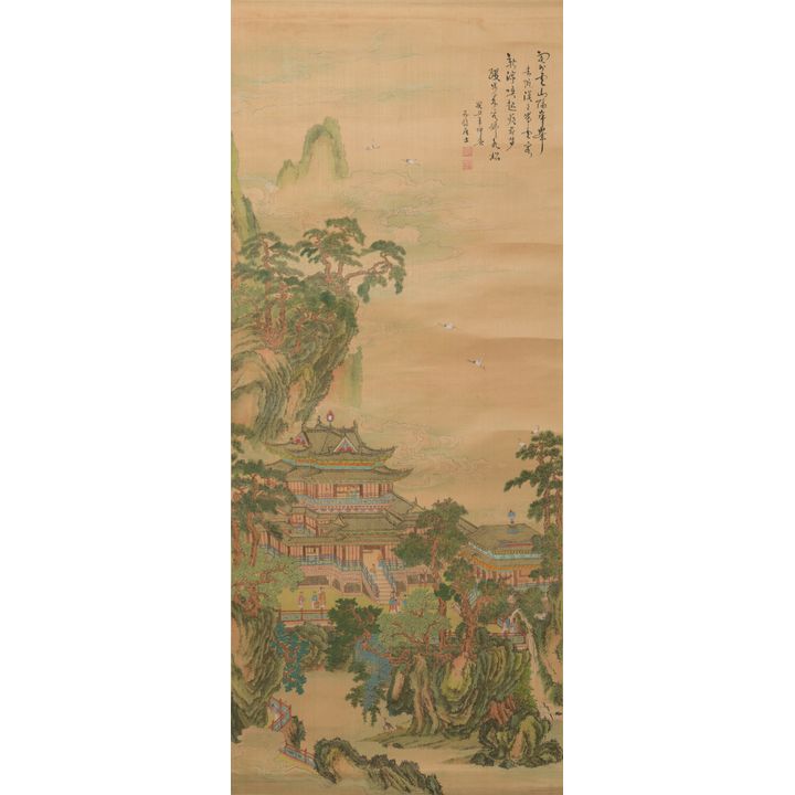 五福居士 絹本山水亭閣鏡片 Wu Fu Jushi (Chinese), A landscape painting on silk