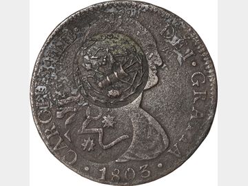 KM# SIMIL 285.2 Host UNL – 8 Reales 1803 Mo FT, Resellos de Chilpancingo y Morelos FALSOS. XF.