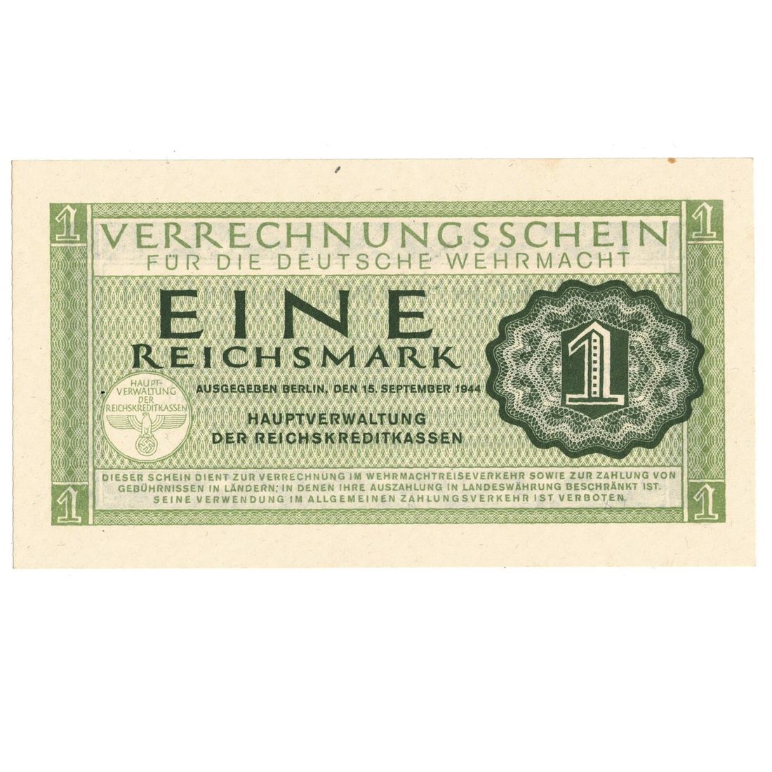 Germany Wehrmacht 1944 Eine (1) Reichsmark, Uncirculated OPQ