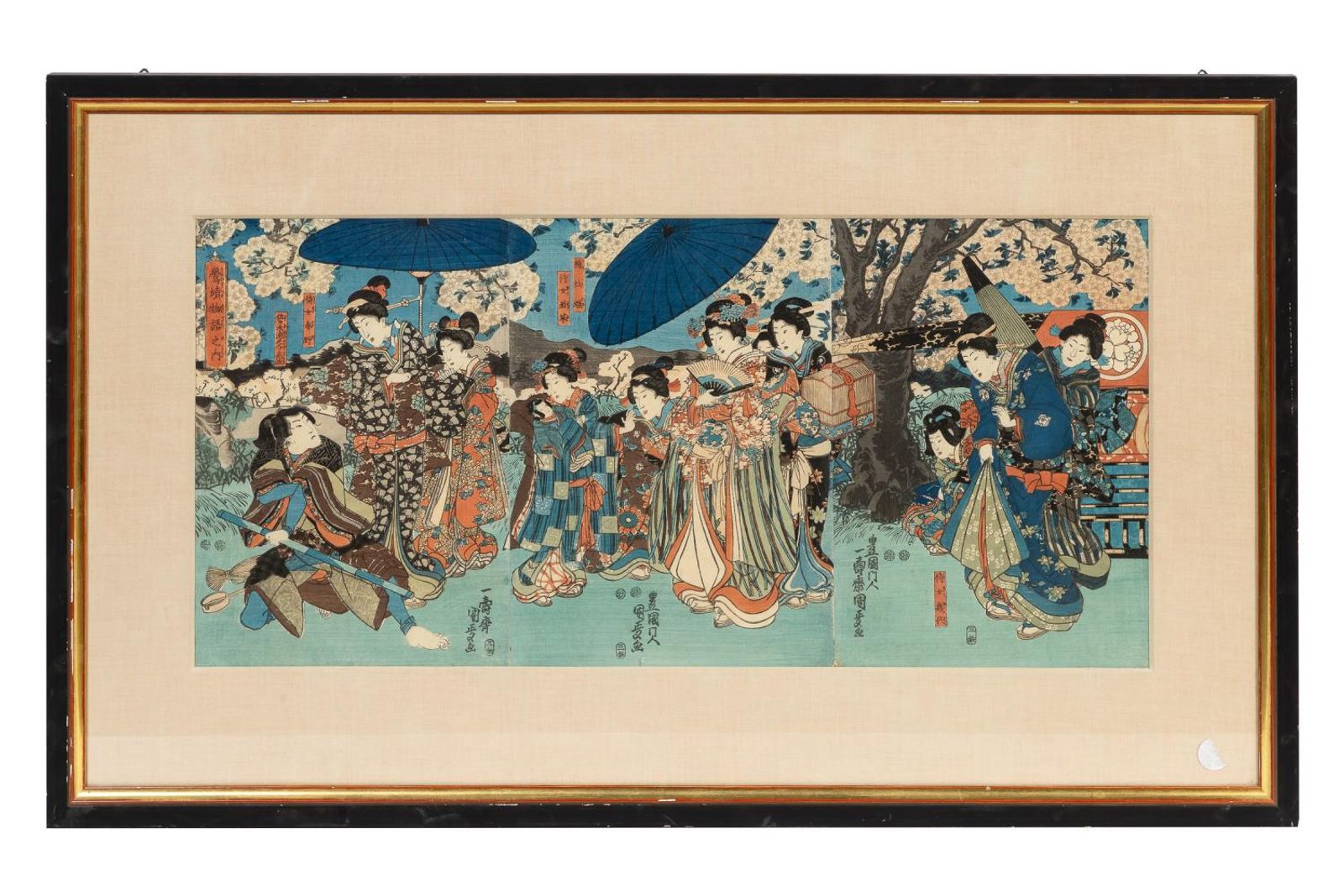 Framed Japanese Triptych Woodblock Print By Utagawa Kunisada II