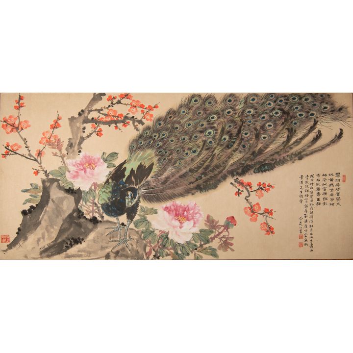 趙是旦、伍揖清、邱丙良、李微波、劉鎮唐、曾荻江合作 葉漢上款孔雀牡丹圖橫幅 A Chinese group painting of peonies and peacocks, signed various artists, given to Ye Han