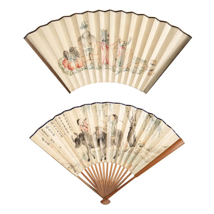 繼永、肇豫 一把牧牛圖成扇·一把書法扇面 Two fan paintings with calligraphy, signed Jiyong (Chinese); Zhao Yu (Chinese)