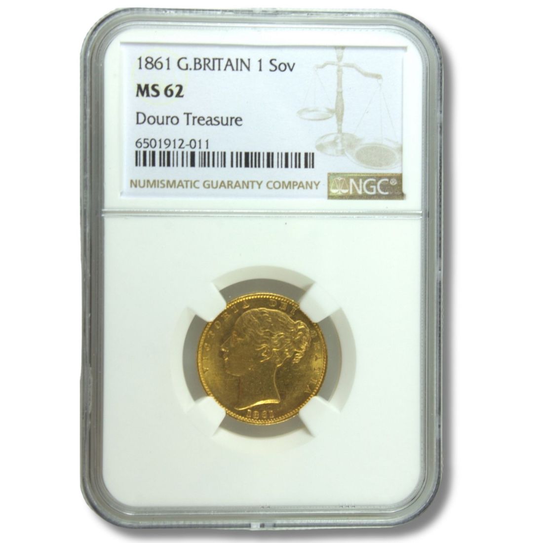 Great Britain Victoria 1861 'Shield' Gold (916) Sovereign, NGC MS62