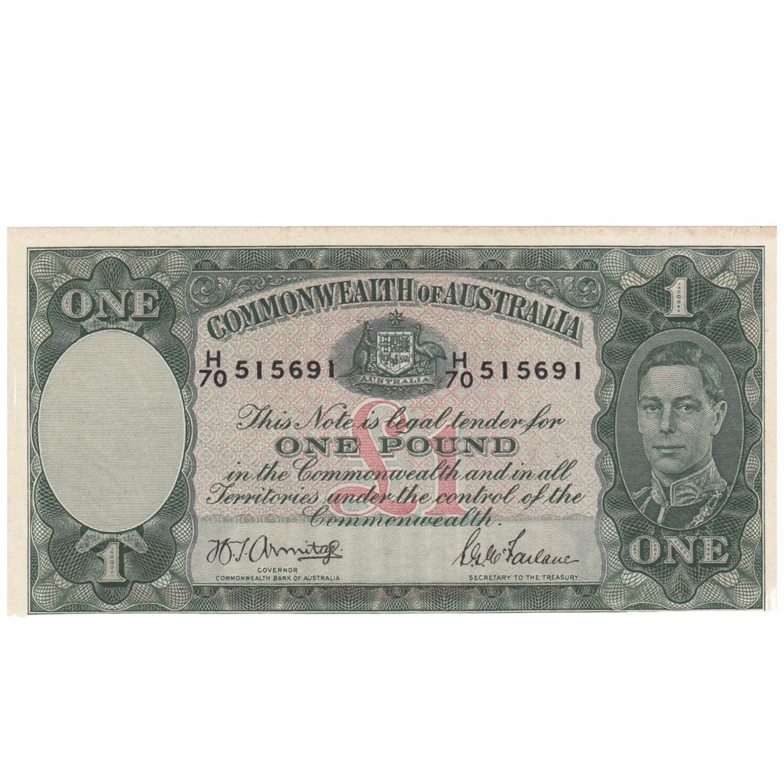 Australia 'Armitage - McFarlane' Dark Green £1 (1942), Uncirculated OPQ