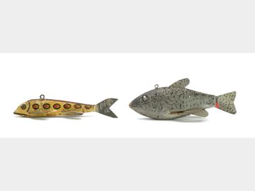 Two Minnesota fish spearing decoys.