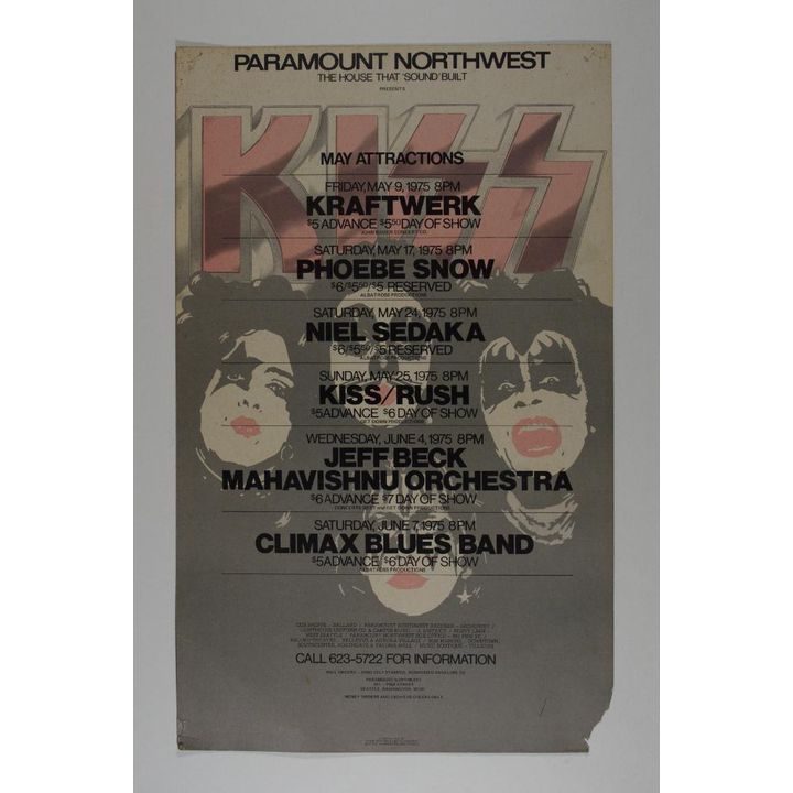 1975 KISS Jeff Beck Rush Paramount Northwest May June Calendar Poster Fine 59