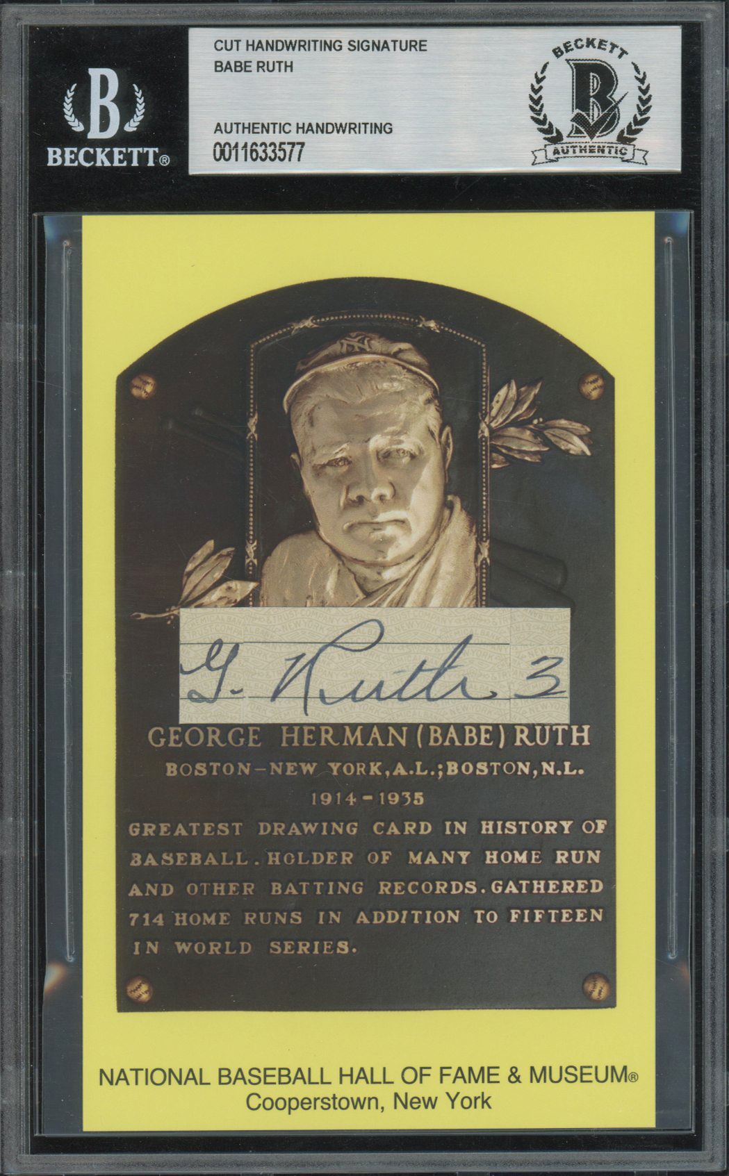 Babe Ruth Signed Cut On Hall of Fame Plaque Postcard (BAS