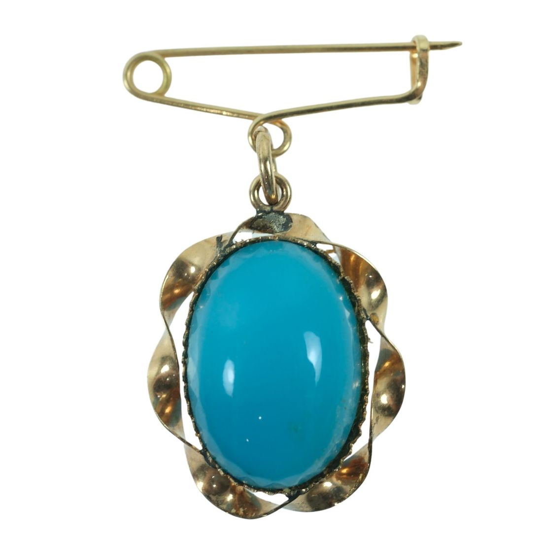 Turquoise-coloured Glass Pin Brooch in 9ct Yellow Gold