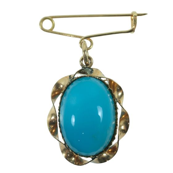 Turquoise-coloured Glass Pin Brooch in 9ct Yellow Gold