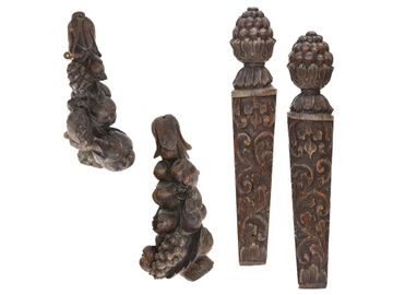 Vintage Group of English Carved Oak Wooden Wall Hangings, Two Pair