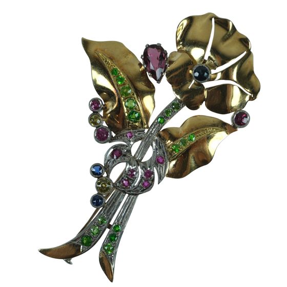 Vintage 18ct Yellow & White Gold & Gemstone Flower Brooch by Prouds Jewellers