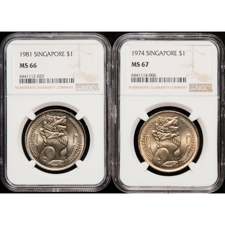 Singapore Merlion $1 1974 NGC MS67 x1pc, 1981 NGC MS66 x1pc Total 2pcs No Reserved Price!