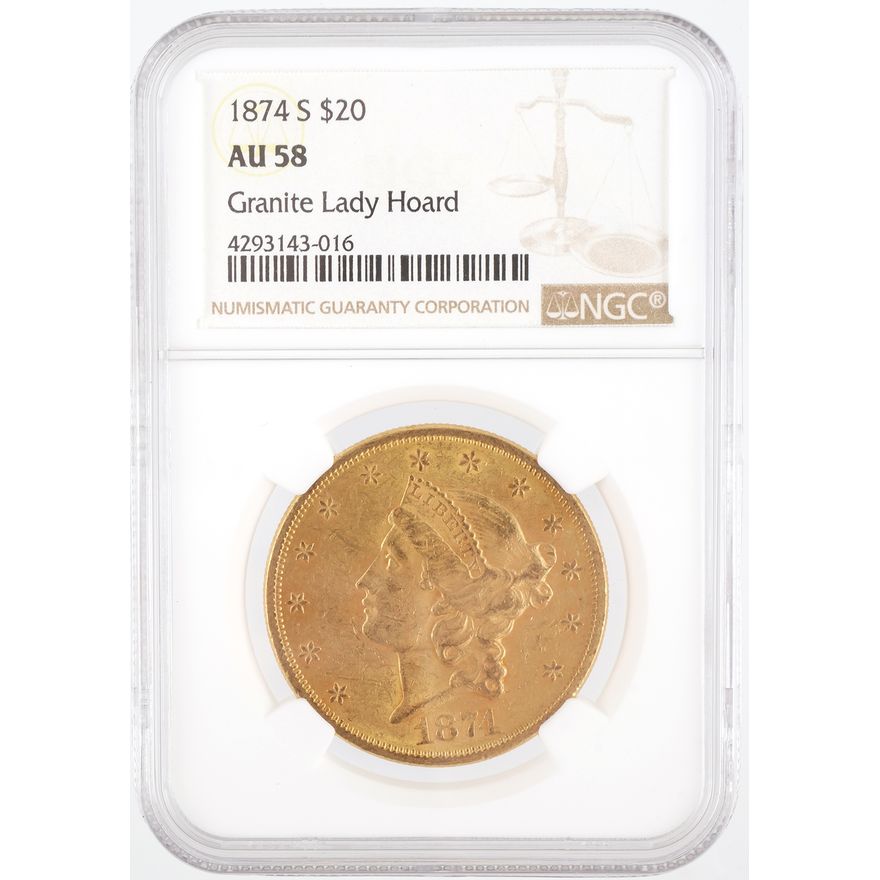1874-S $20 Gold, GRANITE LADY Hoard AU58 NGC
