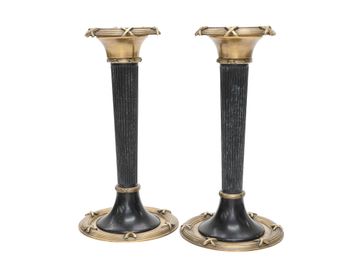 Black Metal and Brass Fluted Columnar Candlesticks, Pair