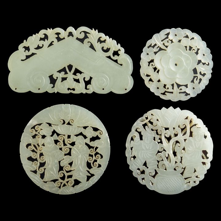 清代 各式白玉鏤雕佩四件 Four assorted Chinese carved white jade pendants, Qing dynasty