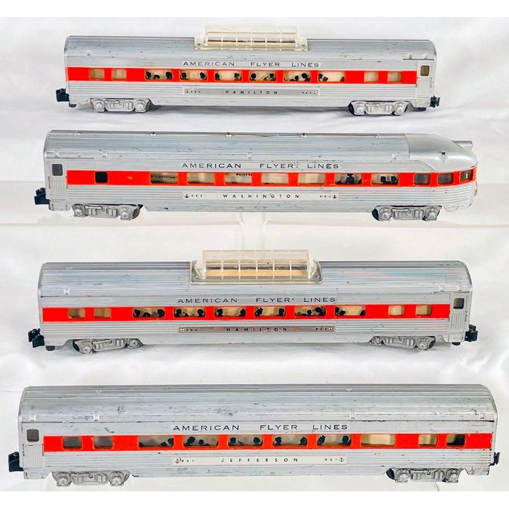 American Flyer Postwar S Gauge Four (4) Assorted Orange Stripe Passenger Cars