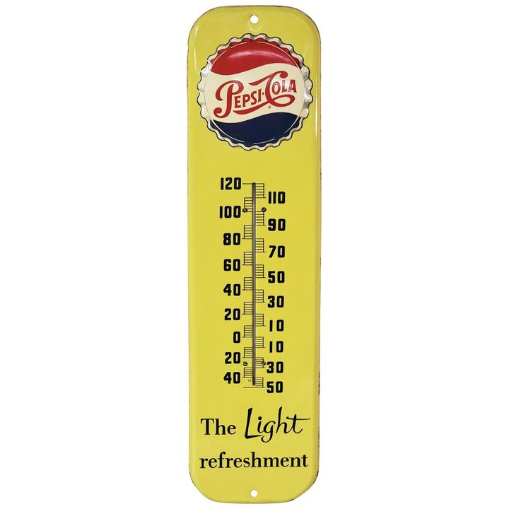 Pepsi-Cola "The Light Refreshment" Metal Thermometer (yellow) (TAC)