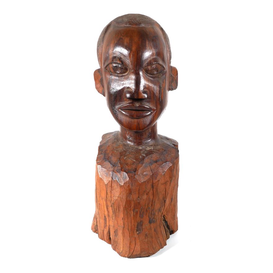 Folk Art Carved Hardwood Bust, African American