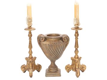 Group of Decorative Accessories, Pair of Candle Holders and Terracotta Urn