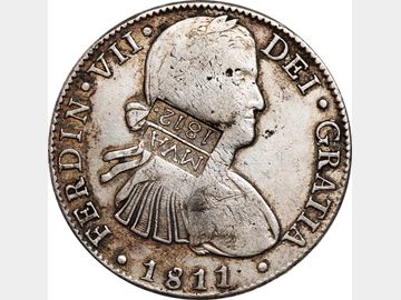 KM# SIMIL 202.3 – 8 Reales 1811 Mo HJ, Resello Monclova 1812 FALSO. AU.
