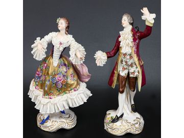 Vintage German Volkstedt Dresden Porcelain Figurines, Companion Pair, Lady and Gent